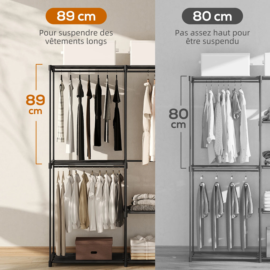 HOMCOM Storage wardrobe, fabric wardrobe, bedroom cupboard, clothes wardrobe with hanging rod and shelves, for cloakroom, bedroom, dressing room, 111x43x185 cm, black