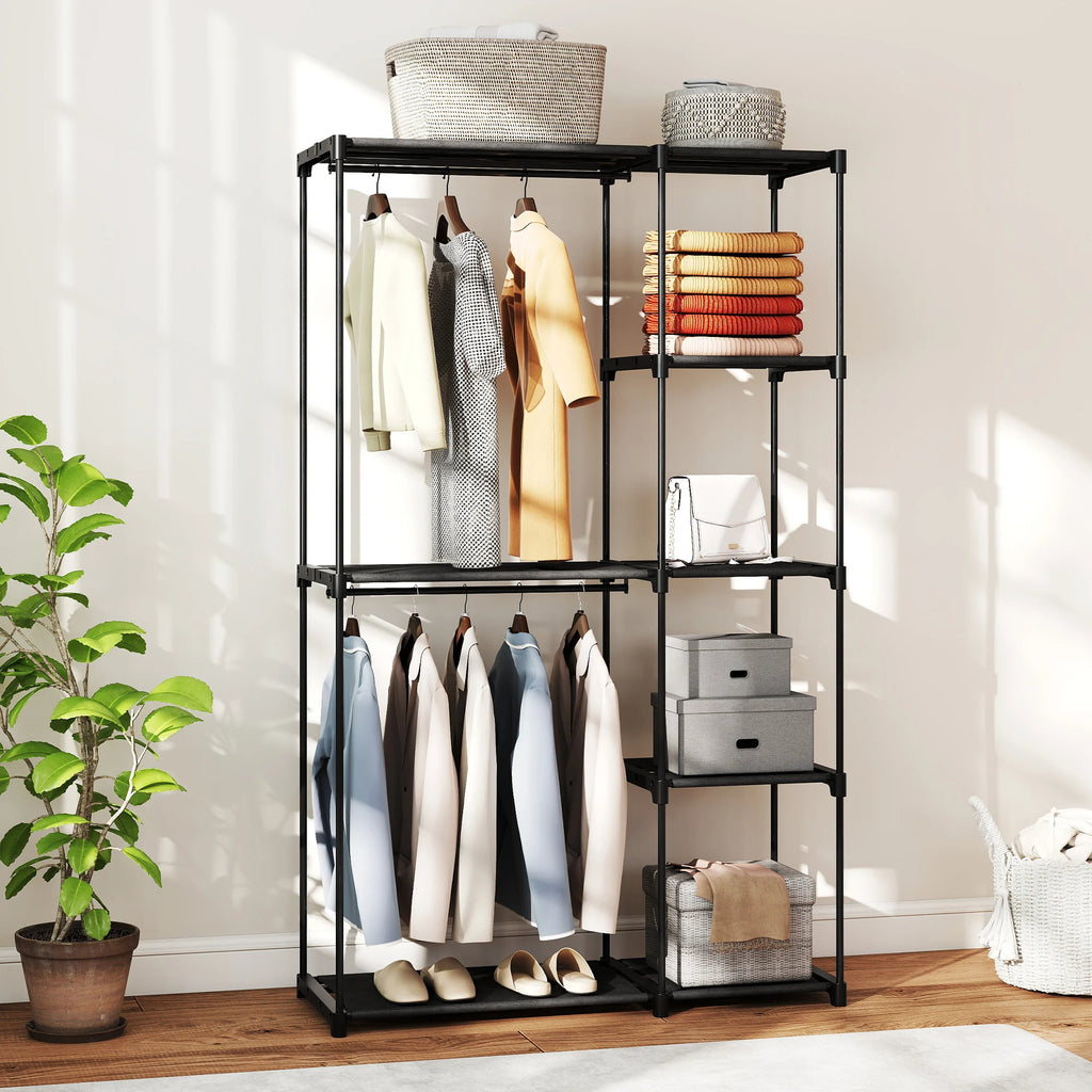 HOMCOM Storage wardrobe, fabric wardrobe, bedroom cupboard, clothes wardrobe with hanging rod and shelves, for cloakroom, bedroom, dressing room, 111x43x185 cm, black