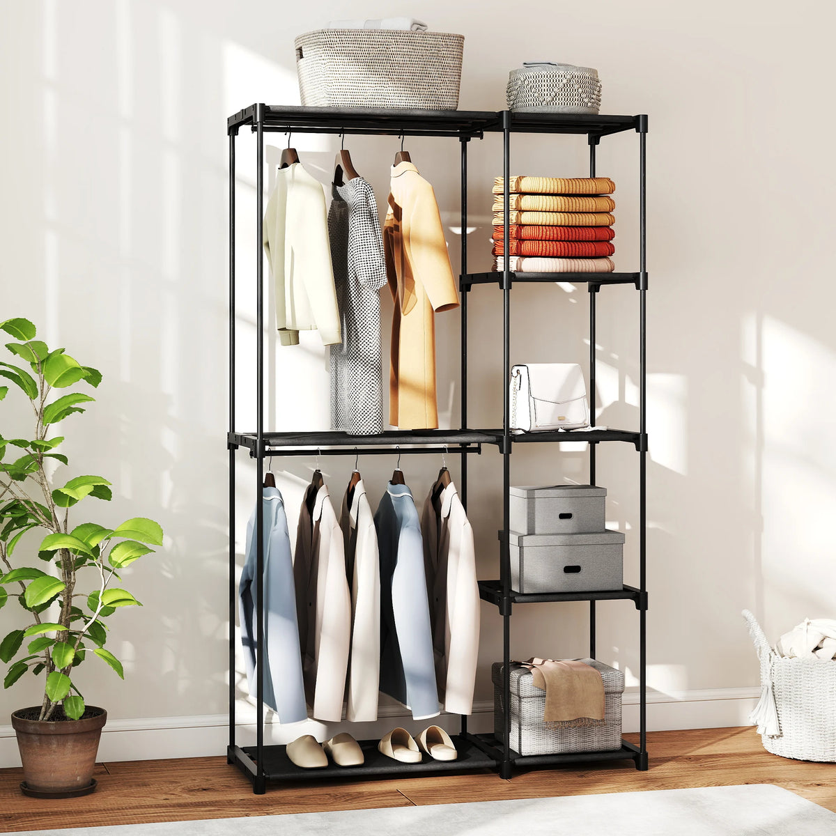 HOMCOM Storage wardrobe, fabric wardrobe, bedroom cupboard, clothes wardrobe with hanging rod and shelves, for cloakroom, bedroom, dressing room, 111x43x185 cm, black