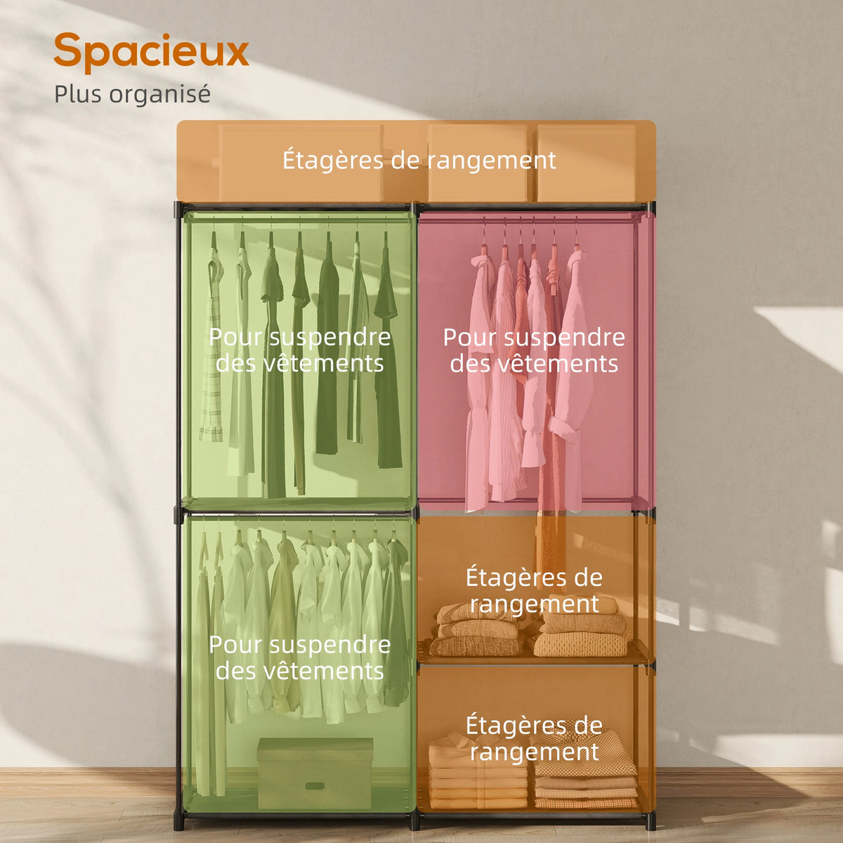 HOMCOM Storage wardrobe, fabric wardrobe, bedroom cupboard, clothes wardrobe with hanging rod and shelves, for cloakroom, bedroom, dressing room, 111x43x185 cm, black