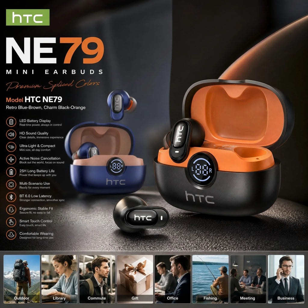 HTC NE79 Bluetooth Earphones AI Translator Earbuds Soft In-Earbuds for Wireless Headphones, Noise Reduction Long Battery