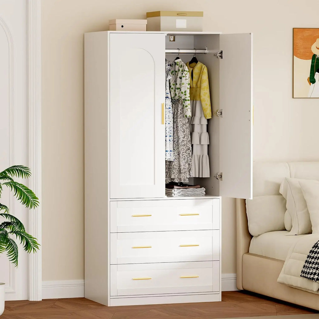 Wooden Armoire Wardrobe Closet with 3 Drawers, 71"Wardrobe Armoire | Freestanding Clothing Storage Cabinet with Hanging, Custom