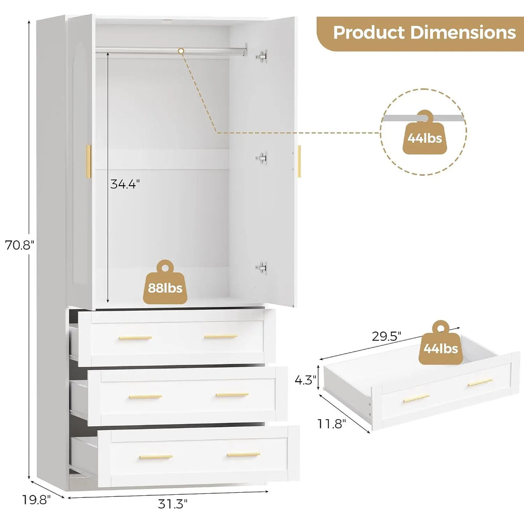 Wooden Armoire Wardrobe Closet with 3 Drawers, 71"Wardrobe Armoire | Freestanding Clothing Storage Cabinet with Hanging, Custom