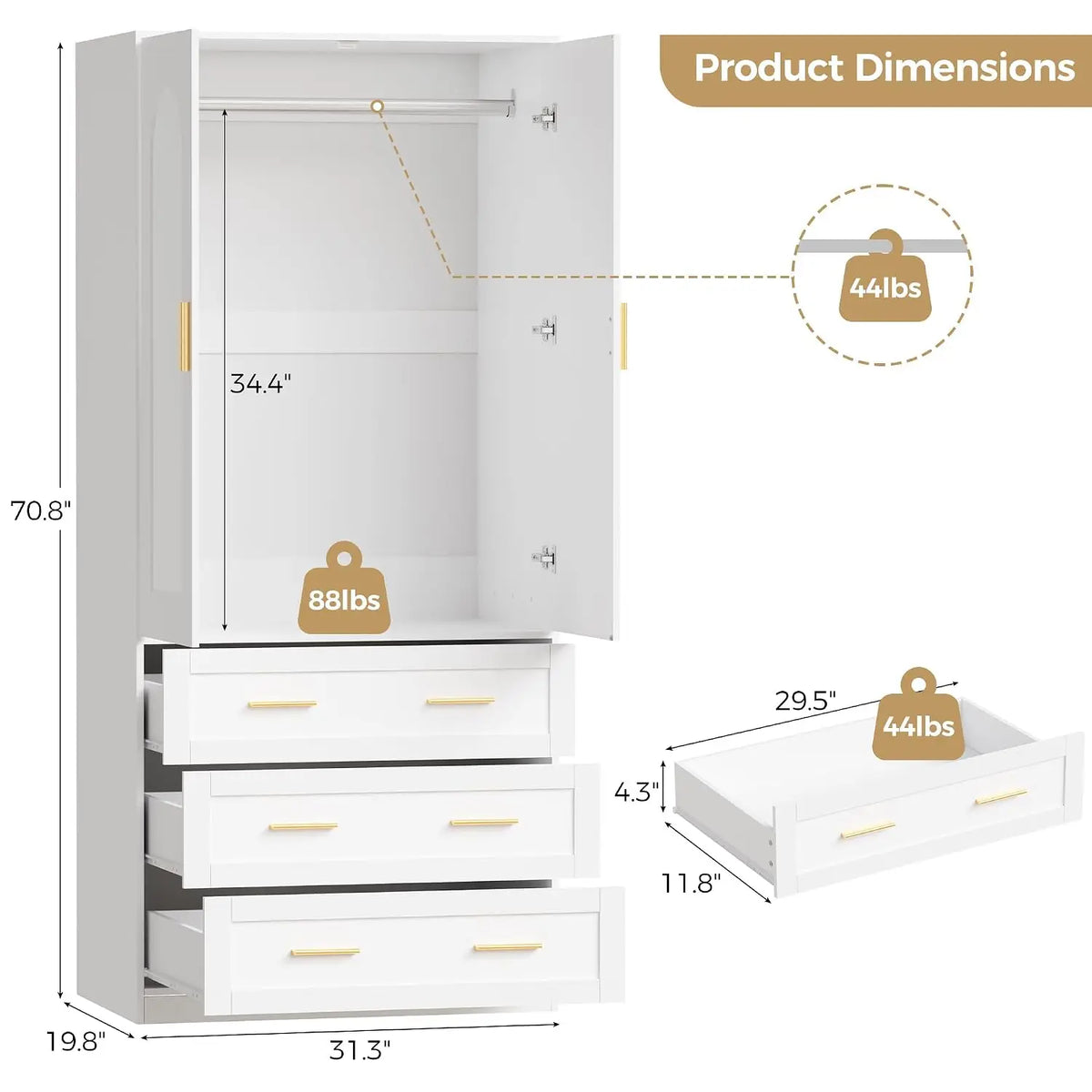 Wooden Armoire Wardrobe Closet with 3 Drawers, 71"Wardrobe Armoire | Freestanding Clothing Storage Cabinet with Hanging, Custom