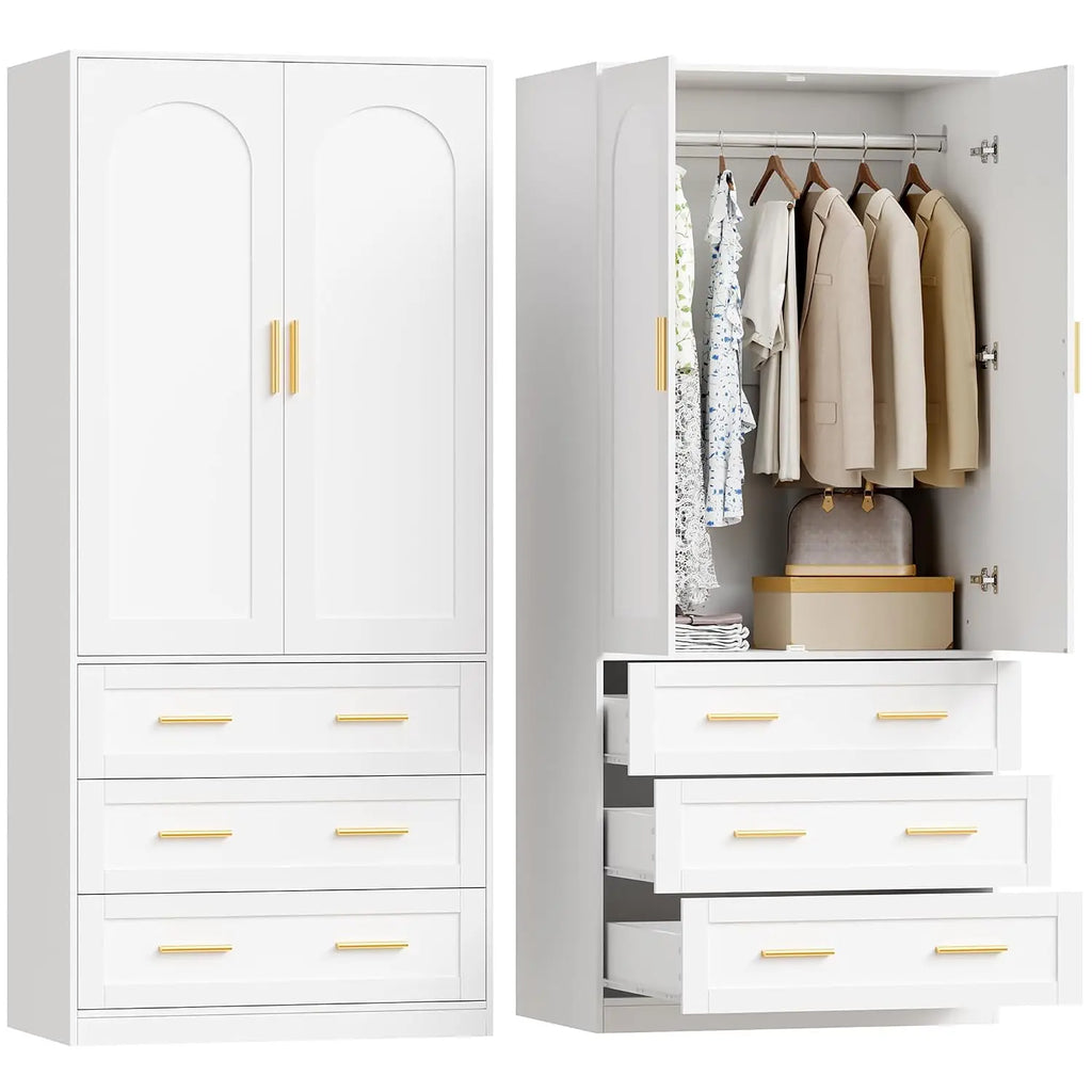 Wooden Armoire Wardrobe Closet with 3 Drawers, 71"Wardrobe Armoire | Freestanding Clothing Storage Cabinet with Hanging, Custom