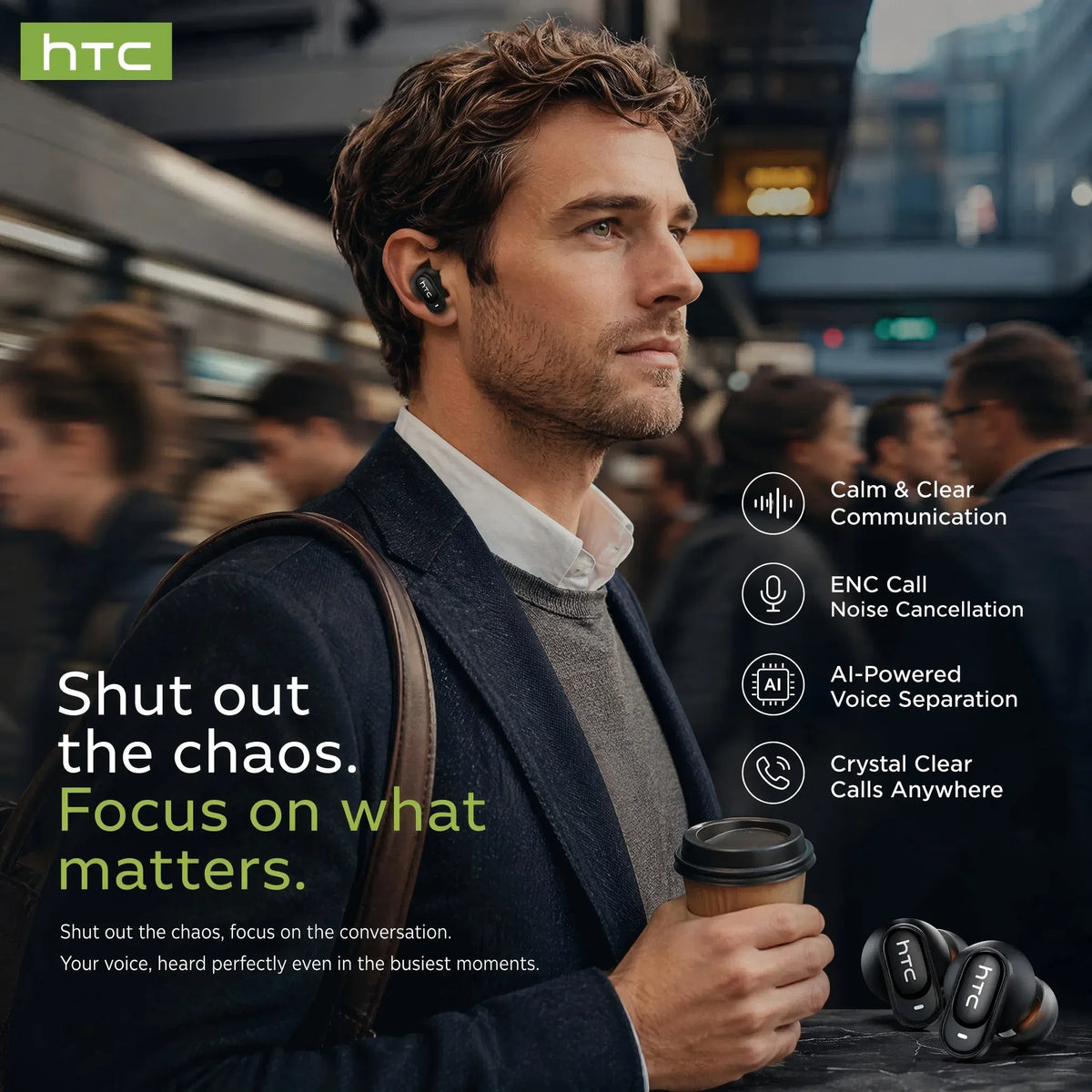 HTC NE79 Bluetooth Earphones AI Translator Earbuds Soft In-Earbuds for Wireless Headphones, Noise Reduction Long Battery